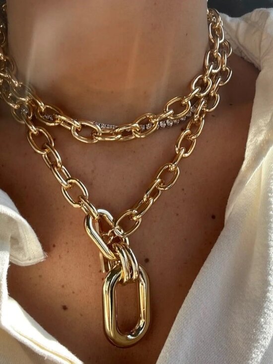 Chunky Gold Necklace Stack Chain Necklaces for Women Statement Layered Paperclip - Picture 2 of 8